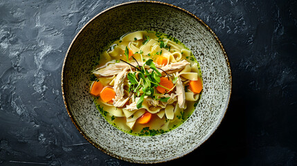 Elegant Chicken Noodle Soup Served in Artisan Bowl with Fresh Herbs