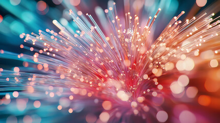 Colorful fiber optic strands glowing in vibrant display of light and energy