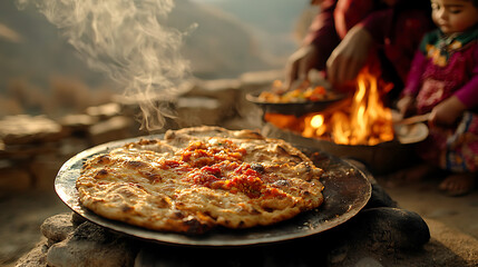 Freshly cooked flatbread with spicy sauce, prepared outdoors over open fire, showcasing family cooking tradition