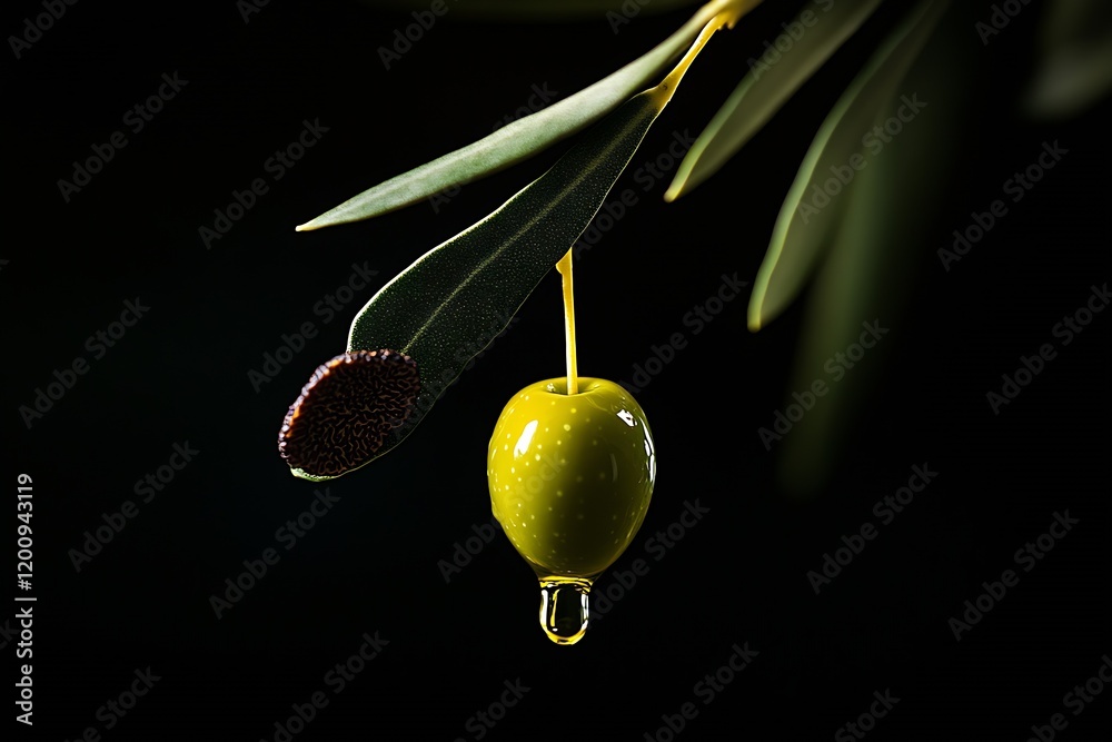 Poster closeup of ripe olive on tree with raindrop and olive leaves in natural setting : generative ai