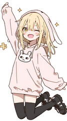 Obraz premium Cheerful character in a pink bunny hoodie jumping joyfully, with sparkles in the background