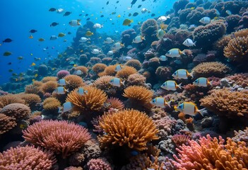 Obraz premium Schools of fish darting among vibrant coral formations