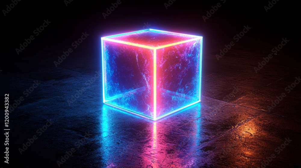 Poster glowing neon cube pattern captivates with vibrant colors in a dimly lit environment. the interplay o