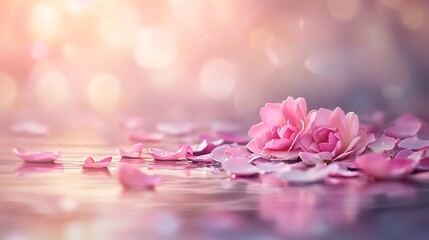 Floating pink rose petals on a soft light-filled background evoking a sense of tranquility and elegance