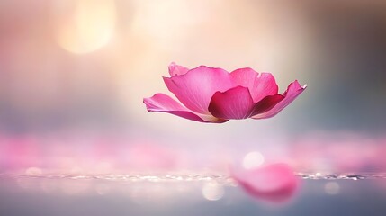 Floating pink rose petals on a soft light-filled background evoking a sense of tranquility and elegance