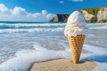A close-up of a melting vanilla ice cream cone in the sand, with Fistral Beachâ€™s waves and cliffs in the background.