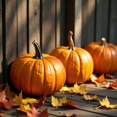 Sun-drenched pumpkins, fallen leaves, rustic wood fence, autumn leaves, orange