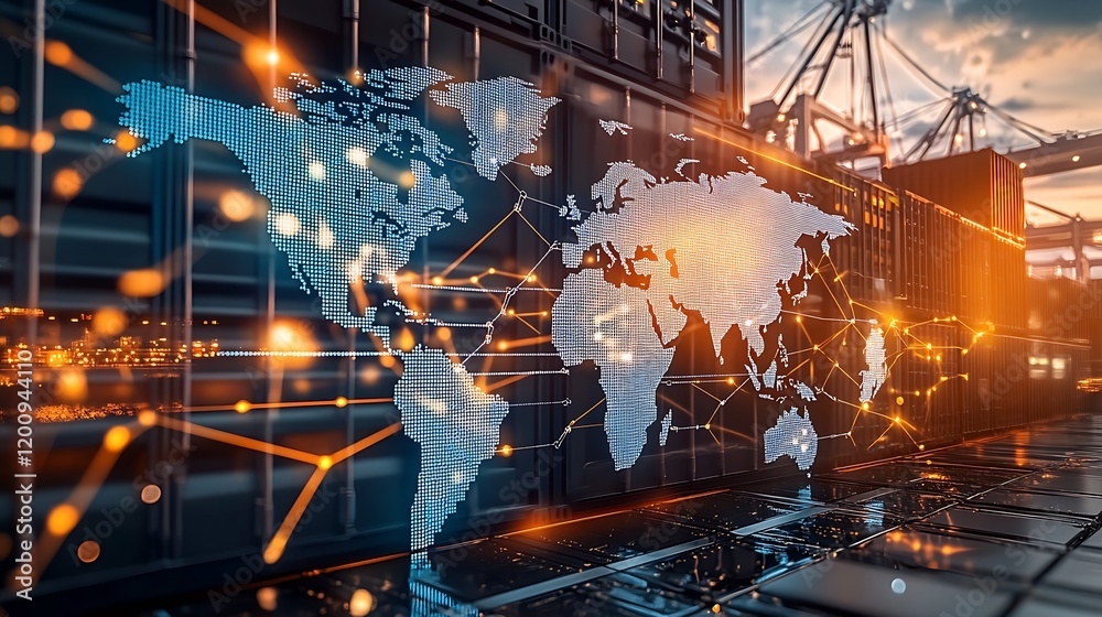 Poster Digital Connectivity and Global Network Communication on Futuristic World Map : Generative AI