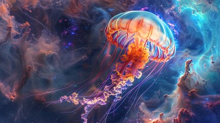 Obraz premium A luminescent jellyfish pulsating with colors amidst a swirl of cosmic clouds.