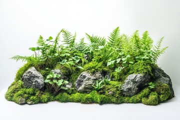 A fresh green layout of ferns, moss, and small jungle plants, complemented by textured rocks on a white background.