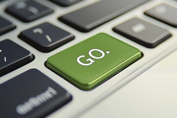 A closeup of a laptop keyboard with a green button rectangle with text "GO." on it