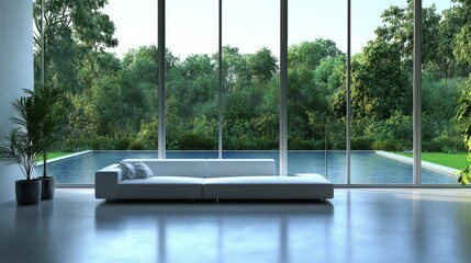 Fototapeta premium Contemporary living room with a white sofa, large windows revealing a pool and lush green landscape, and a sleek minimalist decor scheme