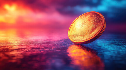 Golden coin with vibrant reflections on a dark, reflective surface.