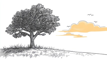 Fototapeta premium Solitary Tree Sketch: A Peaceful Sunset Landscape Drawing