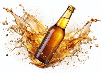 Aerial View of Beer Bottle Splash, Isolated on White Background - High-Resolution Stock Photo
