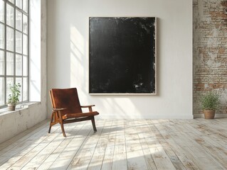 Fototapeta premium Cozy Interior with Wooden Chair and Blank Canvas on Wall
