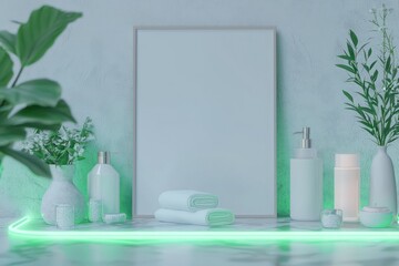 Calming spa reception showcasing blank signage illuminated by soothing green borders.