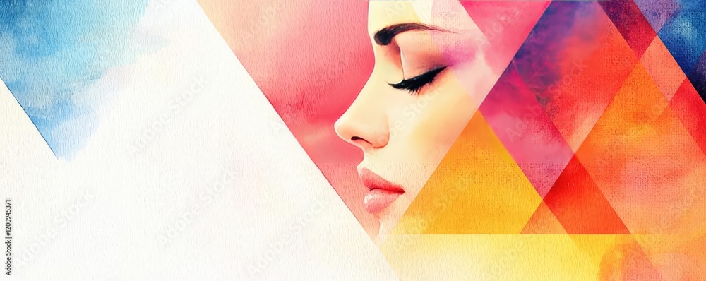 Poster geometric watercolor concept. a serene abstract portrait expressing calmness through vibrant colors 