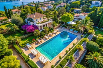 Aerial View of Cannes Swimming Pool, Azure Water, Luxury Resort, French Riviera, Summer Vacation