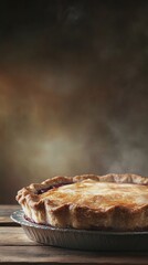 Close-up of homemade cherry pie on rustic wooden table with warm lighting