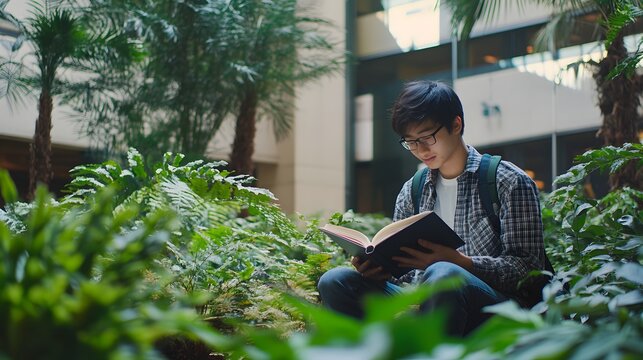Young Man Reading Book Amidst Lush Greenery - Powered by Adobe