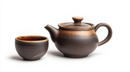 Simple monotone icon of a teapot and cup and saucer in brown, over white background