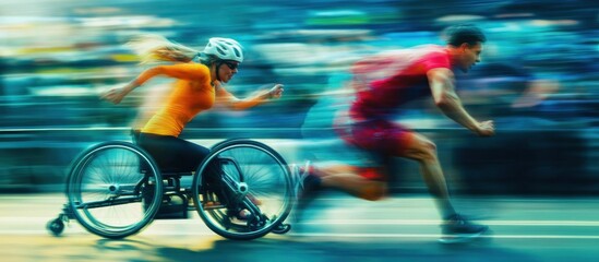Disabled athlete racing on city street with blurred background