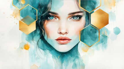 Geometric watercolor concept. Stunning abstract portrait with vibrant colors and geometric shapes, emphasizing beauty and art.