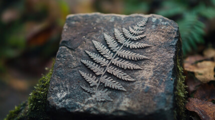 Ancient fossil, fern plant imprint in stone, vector archaeology and paleontology science. Cartoon prehistoric rock with relief print or trace of fern leaves silhouette. Ancient geological age fossil