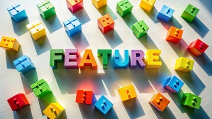Aerial View of FEATURE Word Spelled with Building Blocks on White Background