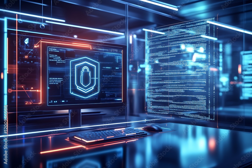 Poster Advanced Cybersecurity System Displaying Secure Data on High-Tech Monitor : Generative AI