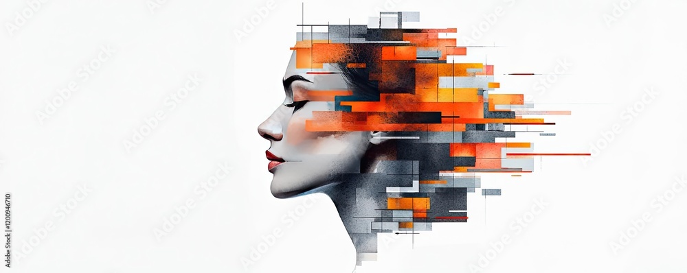 Poster geometric watercolor concept. abstract representation of a woman's profile with dynamic artistic ele