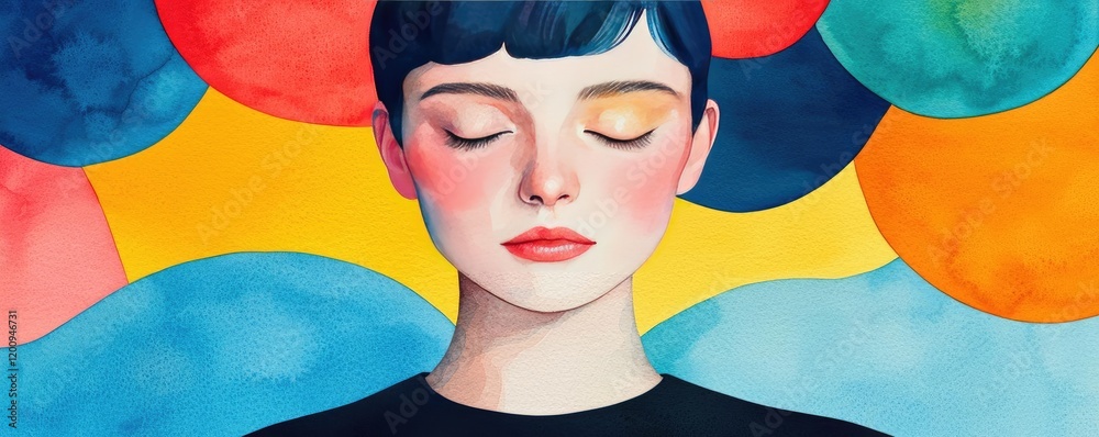 Poster geometric watercolor concept. a serene portrait illustrating tranquility and mindfulness with colorf