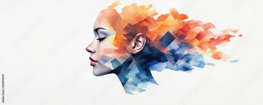 Poster geometric watercolor concept. a colorful artistic representation of a woman's profile with vibrant a