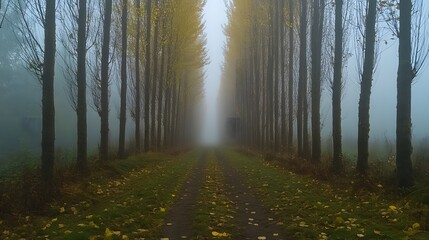Obraz premium Foggy Autumn Path Through a Tree Lined Avenue