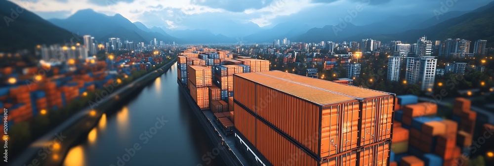 Aufkleber scenic overview of container yard and city skyline at night with illuminated skies : generative ai