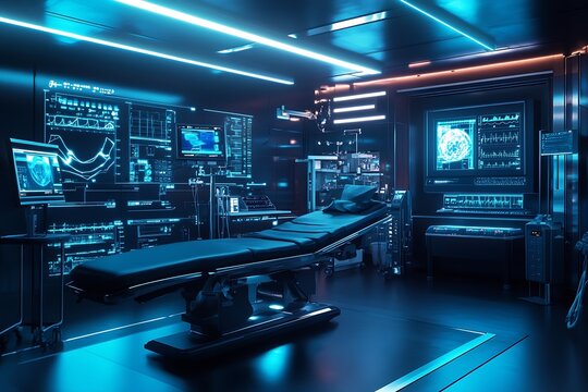 State-of-the-Art Operating Theater with High-Tech Blue Ambient Lights and Advanced Surgical Monitors : Generative AI - Powered by Adobe