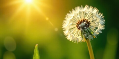 Obraz premium Mature dandelion in bright sunshine, seeds dispersing , flora, dispersing