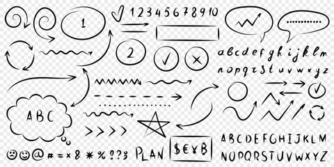 Arrow circles and abstract doodle icon in hand drawn style. Number vector illustration on isolated background. Letters, arrows sign business concept.