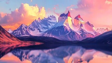 Majestic Mountain Range Reflecting in Calm Lake at Sunset