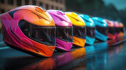 Fototapeta premium Colorful Helmets Lineup, Wet Track, Race Day