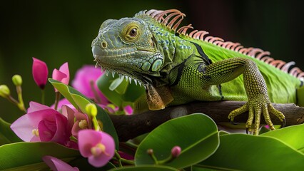green iguana on a branch