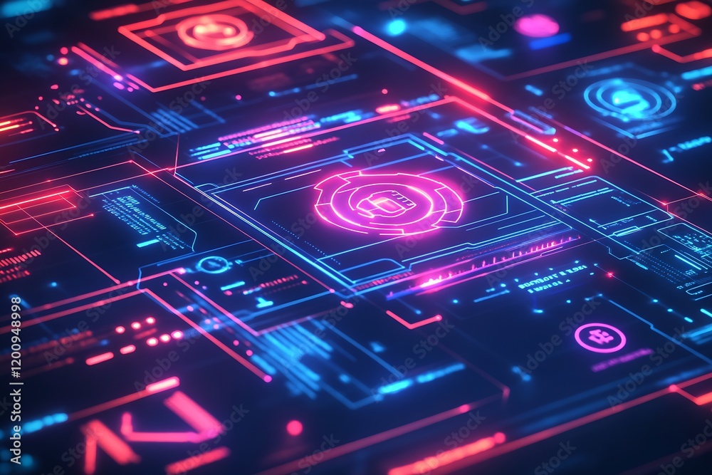 Aufkleber futuristic circuit board design with neon glow and digital elements in blue and pink lights : genera