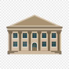 Bank building icon in flat style. Financing department vector illustration on isolated background. Courthouse with columns sign business concept.