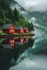 Fototapeta premium A row of red wooden houses on the shore, surrounded by green forests and misty mountains, reflecting in the calm waters of a Norwegian fjord landscape.