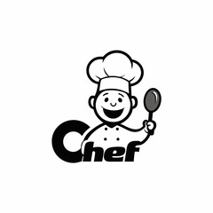  a whimsical logo featuring a cheerful chef silhouette with exaggerated features, holding a frying pan and spoon.
