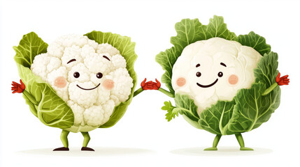 Obraz premium Funny cartoon cauliflower and chinese cabbage vegetables with hands, isolated on white background