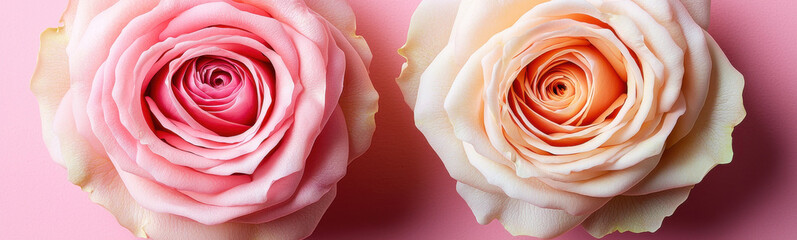 Two pastel roses in pink and peach tones on soft pink background blank background space for text