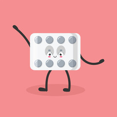 Cute character pills icon in flat style. Happy tablet vector illustration on isolated background. Medical drug sign business concept.