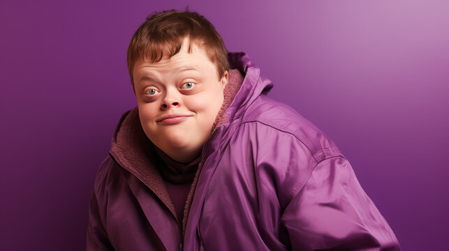 Portrait of smiling laughing man with Down syndrome purple background.